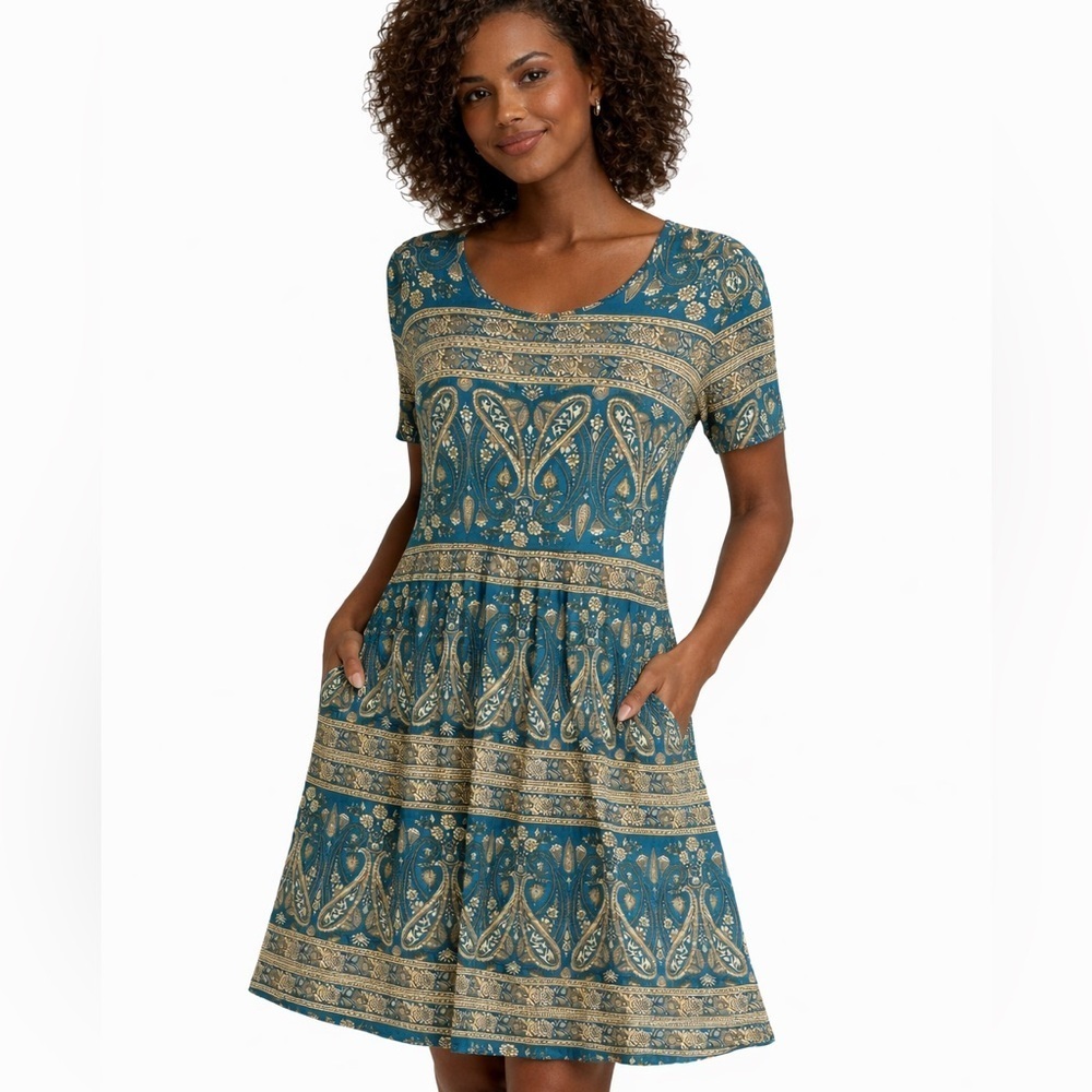 Your Style 3XL Teal Paisley Boho Dress Plus Size Glowy A-Line Side Pockets NWOT